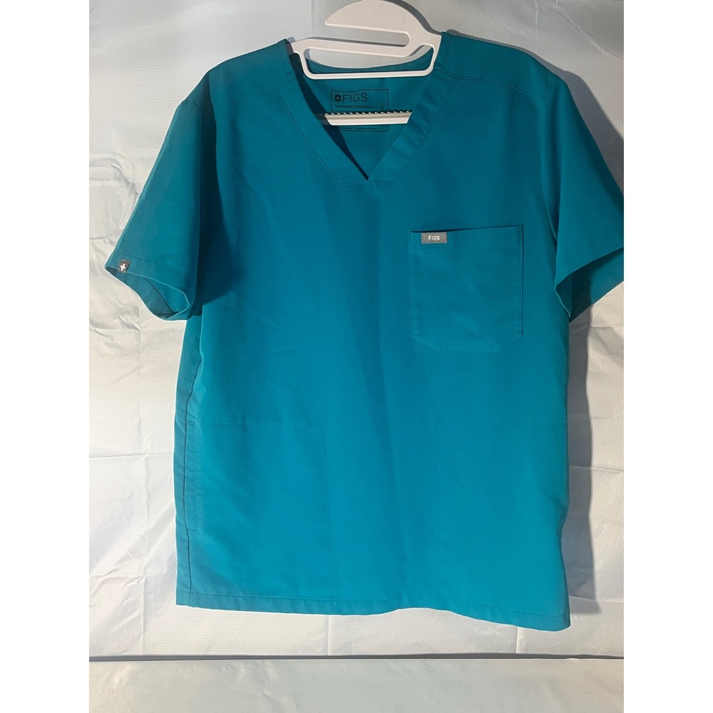 FIGS Technical Collection Scrub Top Teal Blue V-Neck Chest Side Pkts Sz S UNISEX